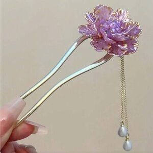 Pink Floral Enamel Hairpin with Gold Accents